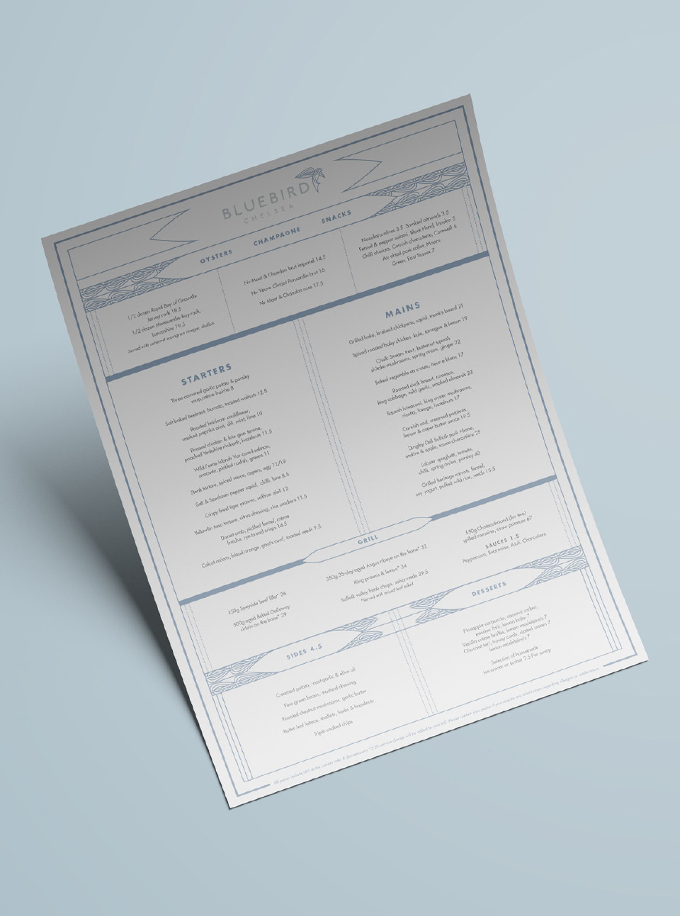 Bluebird Chelsea Menu Design